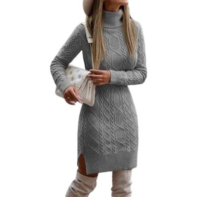 Fall Winter Sweater Dress High Collar Neck Protection Slim Fit Slit Hem