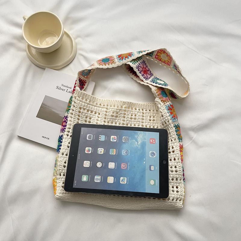 Vintage Hollow Crochet Shoulder Bag – Women's Knit Hobo Bag with Floral Embroidered Strap – Large Casual Tote for Beach Commute