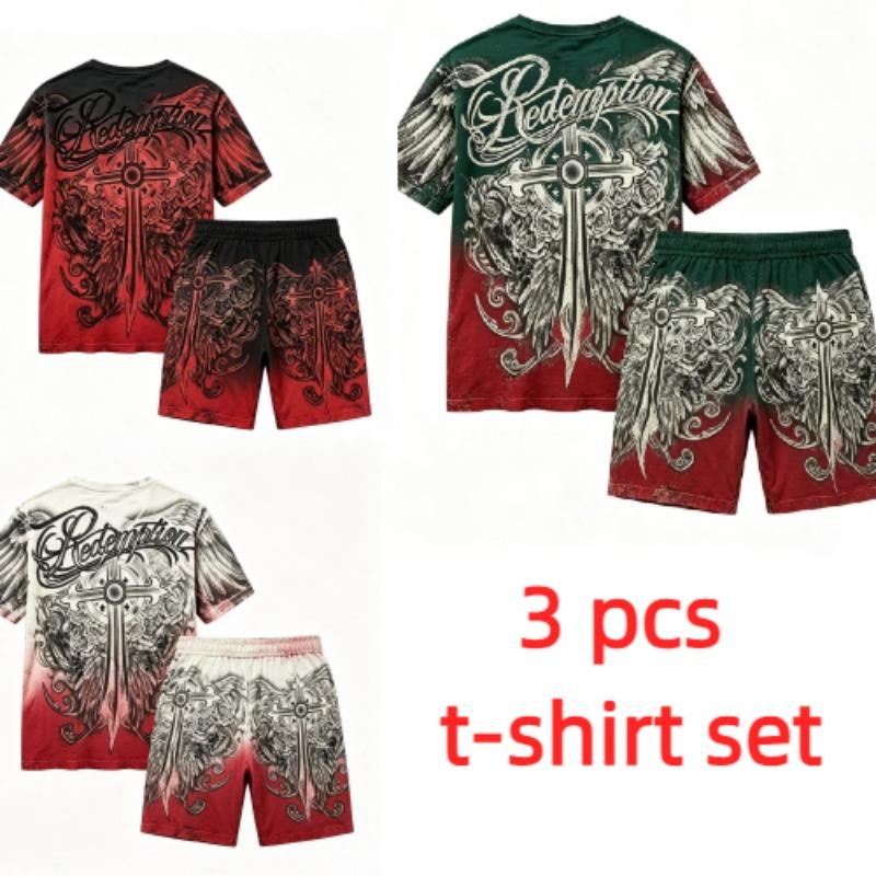 Sommer Gotischer Stil Kreuzschwert Aufdruck Rundhals Kurzarm T-Shirt und Shorts Set Herren und Damen T-Shirt Shorts Set