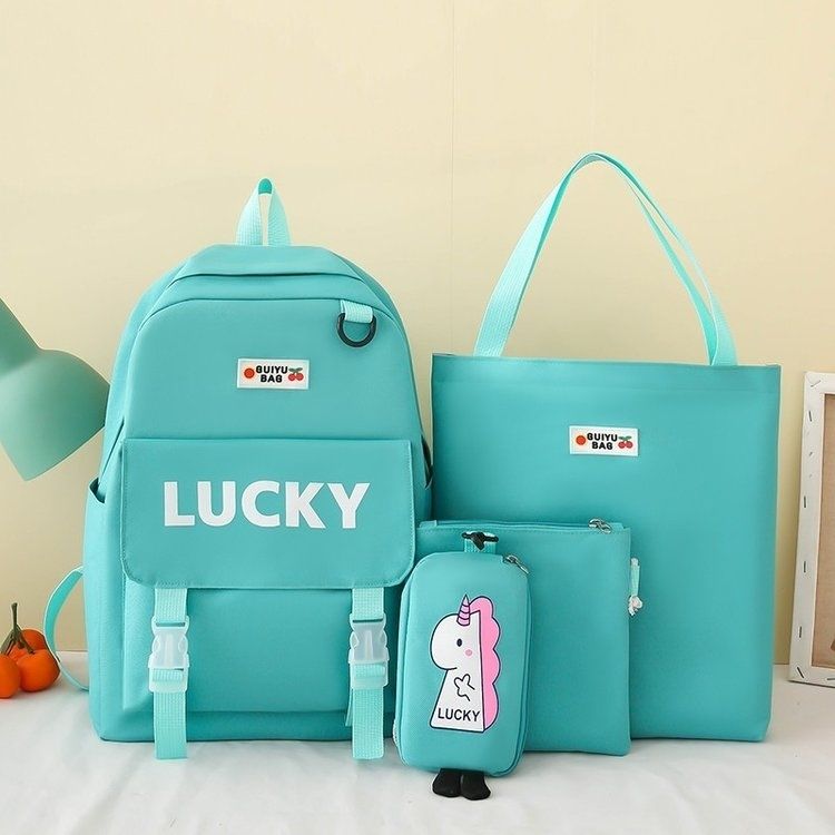 

4 шт./компл. Школьный рюкзак для девочек-подростков, холщовая студенческая школьная сумка с несколькими карманами, универсальный дорожный рюкзак большой вместимости для женщин зелёный