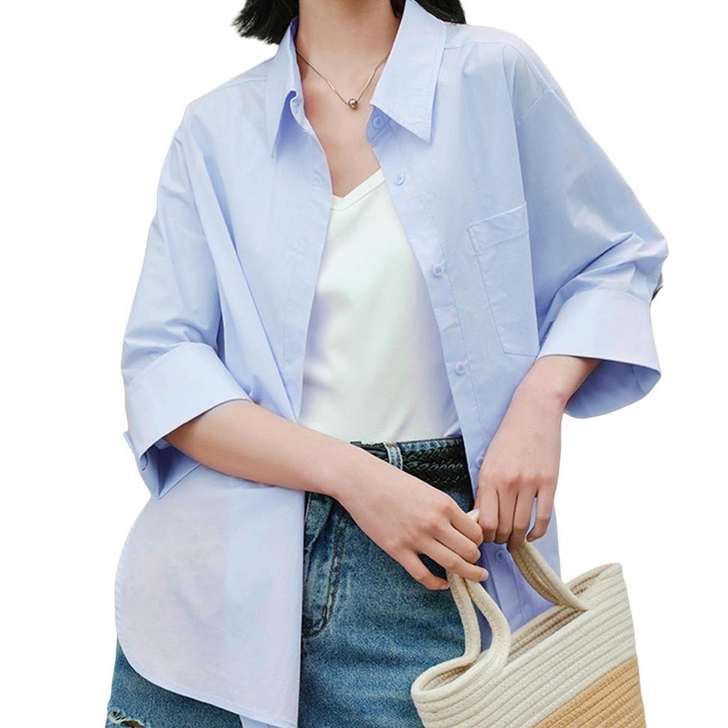 Vincent House Midi Dolman Loose Korean Everyday Solid Autumn Women's V-Neck Shirt, 3/4 Sleeves, Length, Sleeves, Fit, Breathable, Button-Down, Soft,