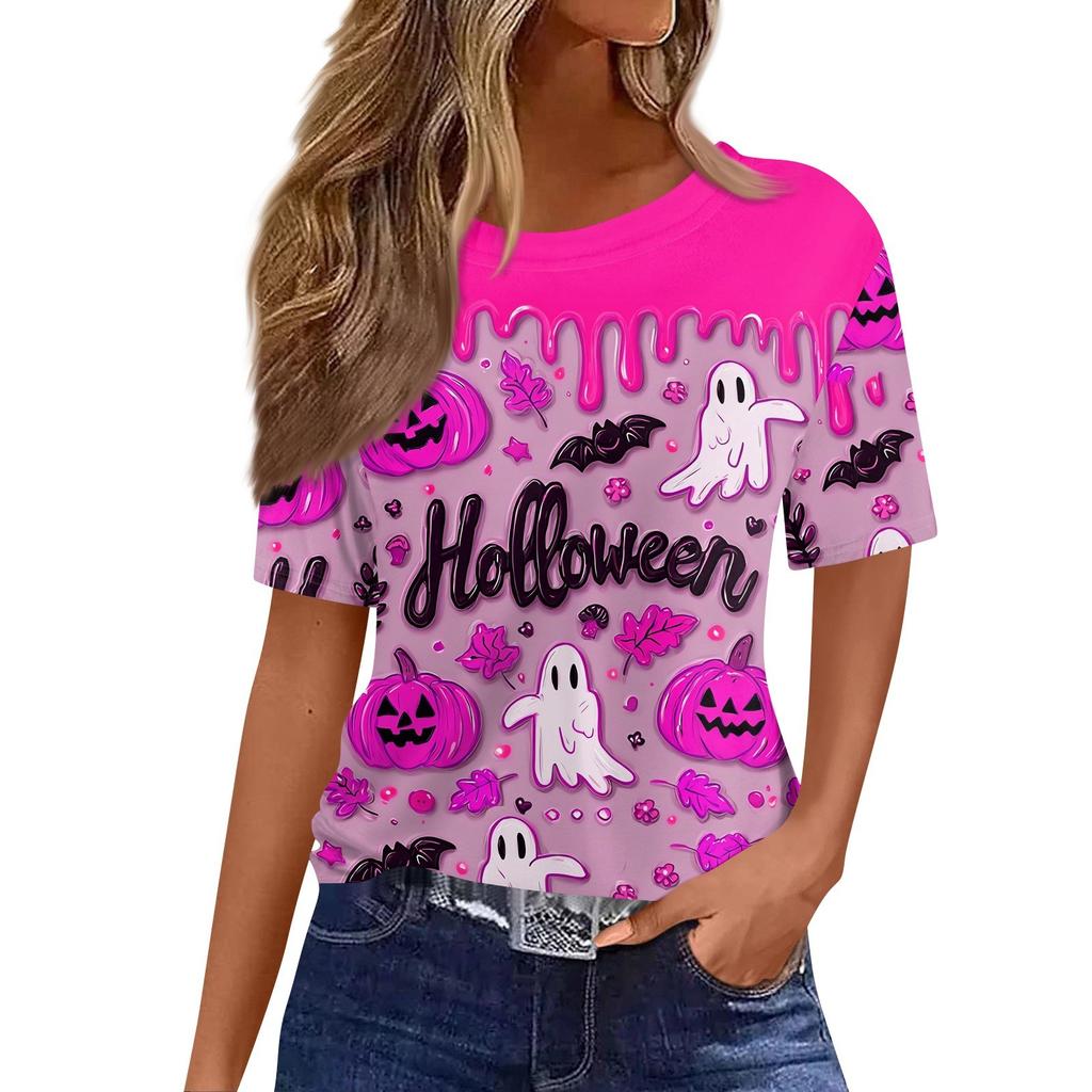 Modisches Lässiges Damen-Pullover-Oberteil mit Kurzarm und Halloween-Print, Rundhals
