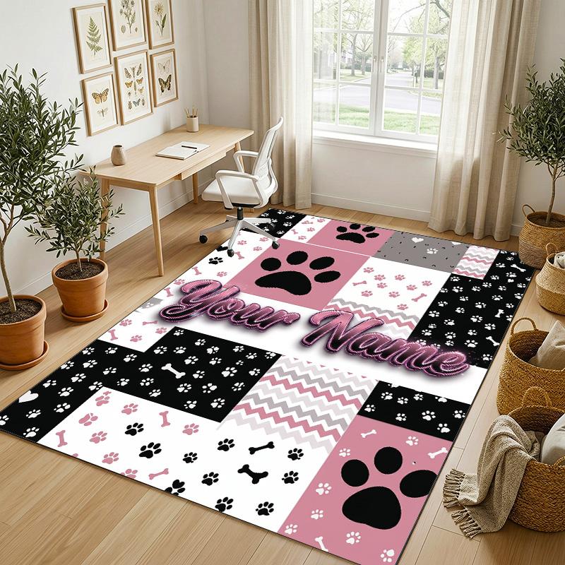 Dog Theme Crystal Velvet Rug Personalized Custom Name Text Soft Floor Mat Home Decor