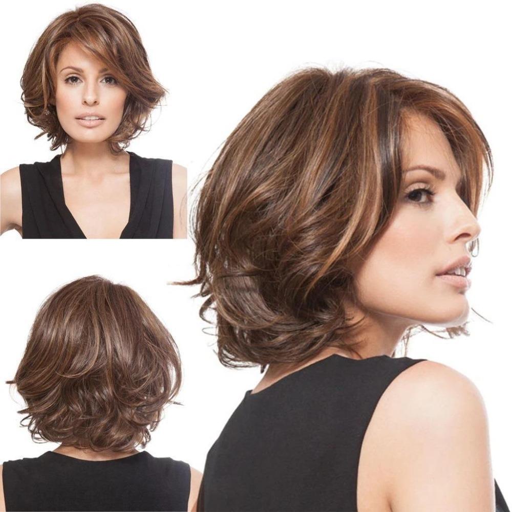 New Women's Middle aged and Elderly Dark Brown Intercolor Split Short Roll Wig