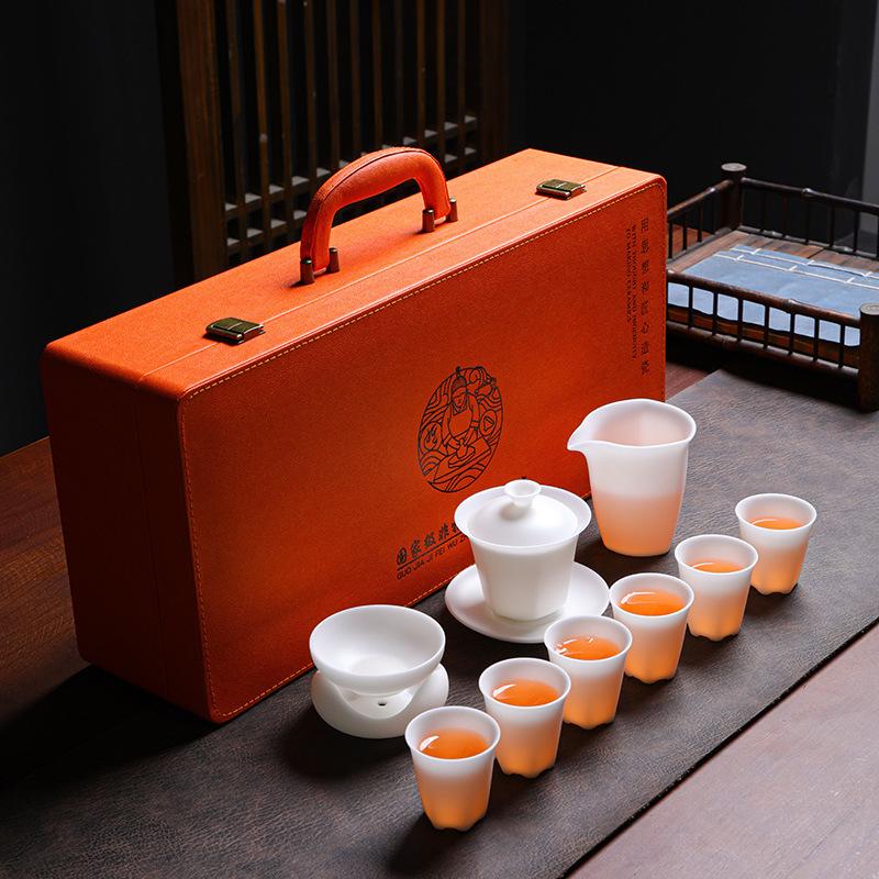 High-end Vegetarian-fired Suet Jade Porcelain Ice-type Kung Fu Tea Set, Household Gifts for Customers, High-end Business Gift Set