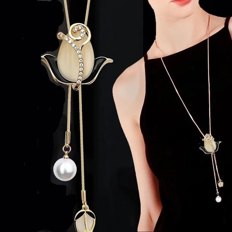 

New Korean Opal Crystal Tulip Flower Geometric Feather Pendant Long Necklace for Women All Matches Jewelry Accessory