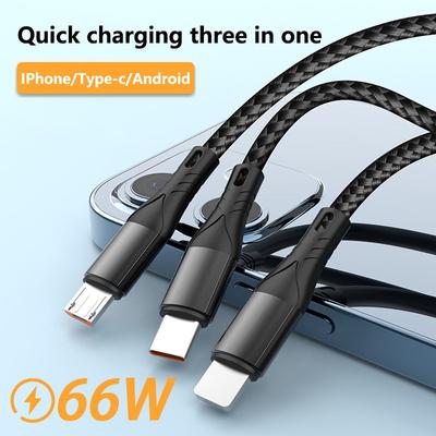 Cable de Datos 3 en 1 66w Carga Rápida Cable de Carga para Teléfono Móvil Tipo-c IPhone Android Cable de Carga Súper Rápida