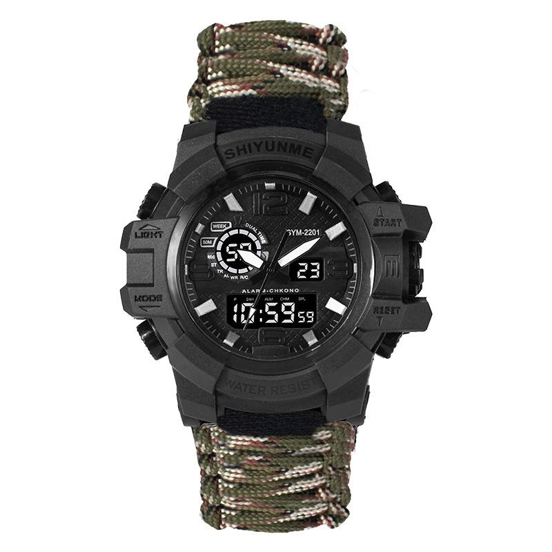Men's Outdoor Survival Watch with Dual Display, Life-Saving Rope, Fire Starter, Whistle, and Compass