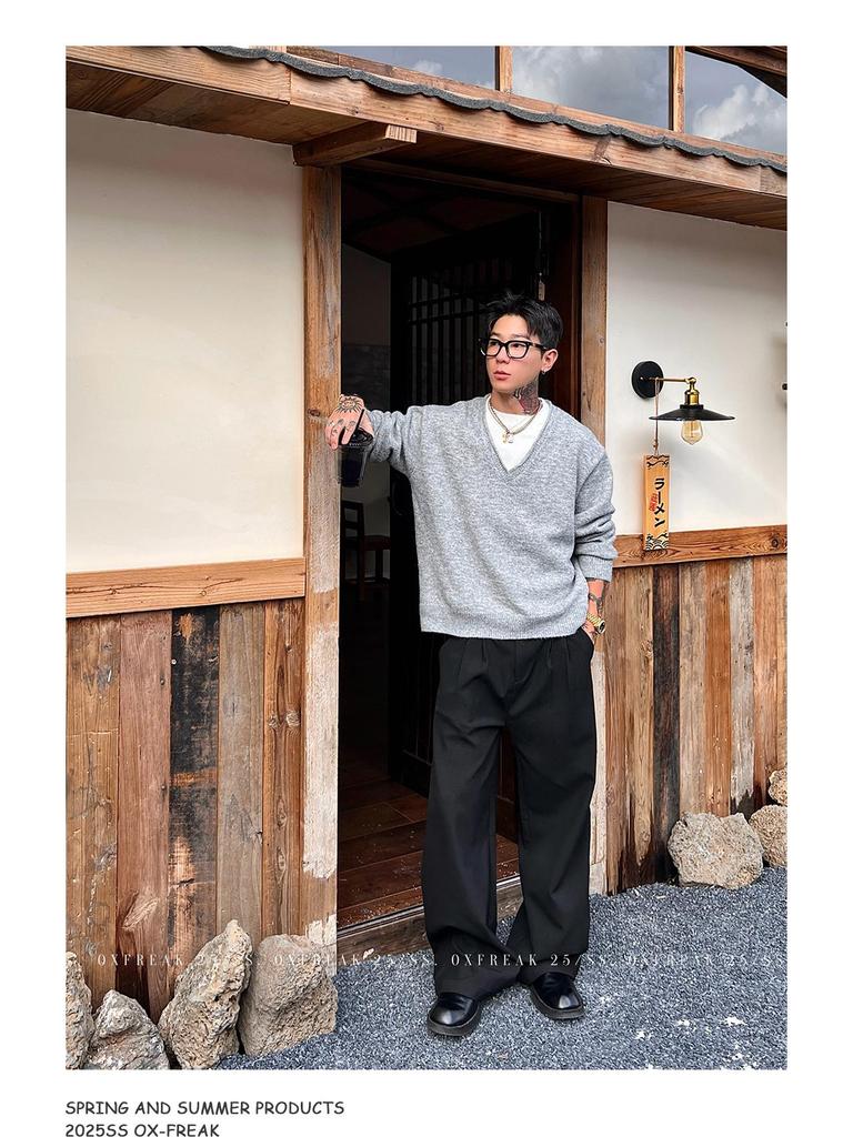 Men's 2025 Autumn/Winter Old Money Style Loose Faux Two-Piece V-Neck Sweater