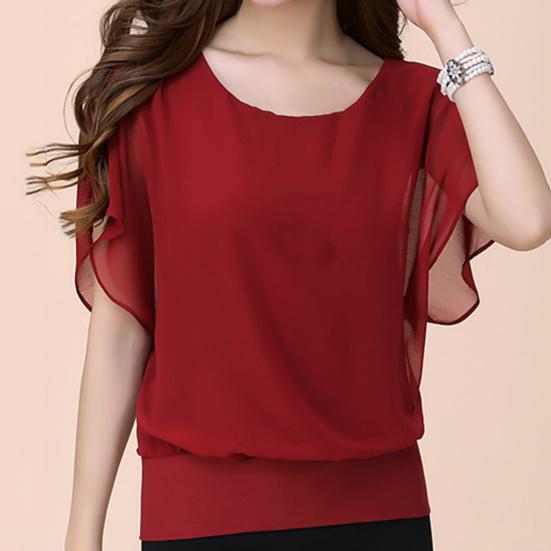 Women Top Solid Color O Neck Pullover Batwing Sleeve Ruffle Summer Top Daily Garment