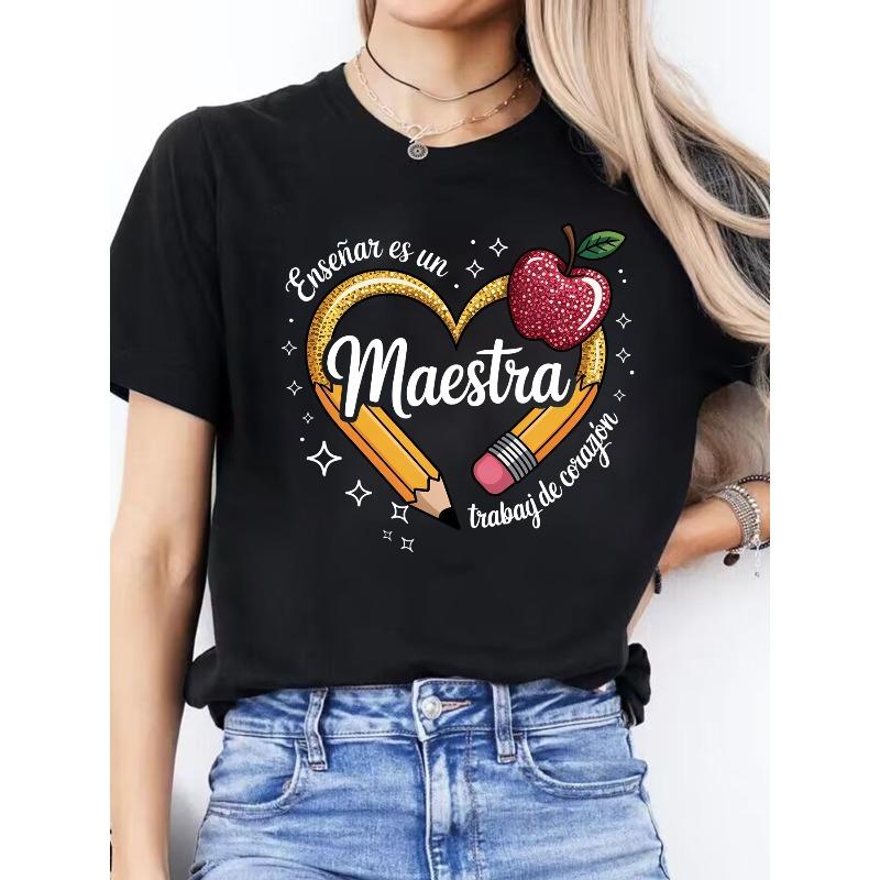 European Size Women'S Casual Round-Neck Short-Sleeve Sports T-Shirt with Spanish Letter Print for Spring And Summer.