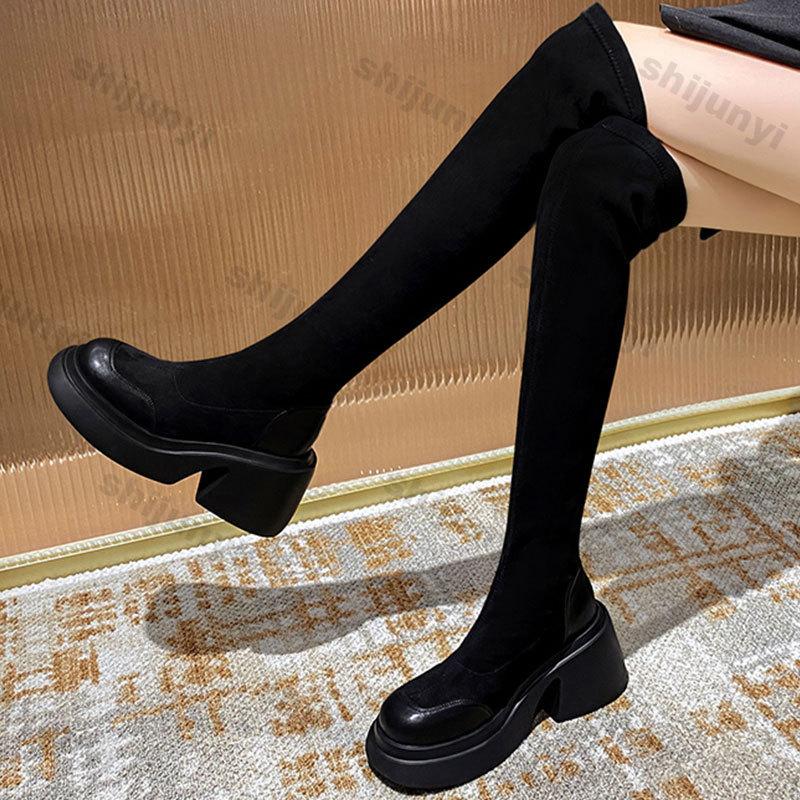 Fashion Women Chunky Platform Elastic Long Boots Autumn Trend Suede Thick Bottom Over The Knee High Boots Woman Platform Slip on Booties