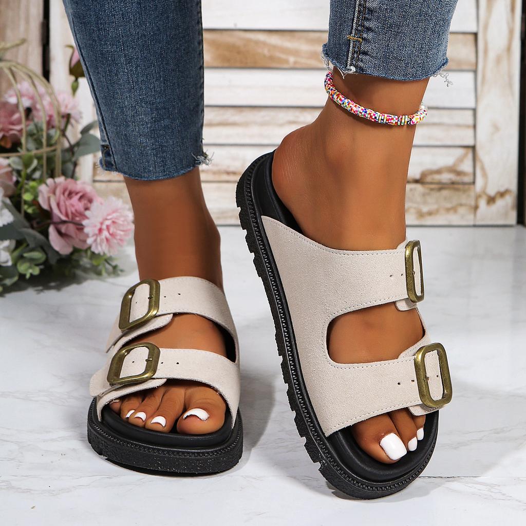 Muffin and platform slippers women's year, Europe, America and summer new belt buckle word beach cool slippers women
