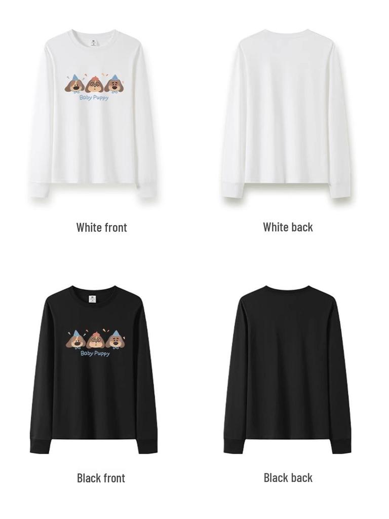 Weißes Langarm-Damen-T-Shirt im koreanischen Stil: Schmeichelnde reine Baumwolle mit Kordelzug und Hunde-Design