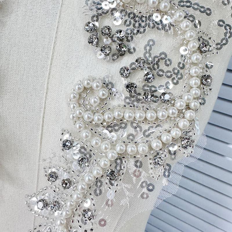 1 Pair Net-silk Pearl Sequin Embroidered Fabric Patches Decorative Accessories for DIY Wedding Dress Formal Dress Skirts