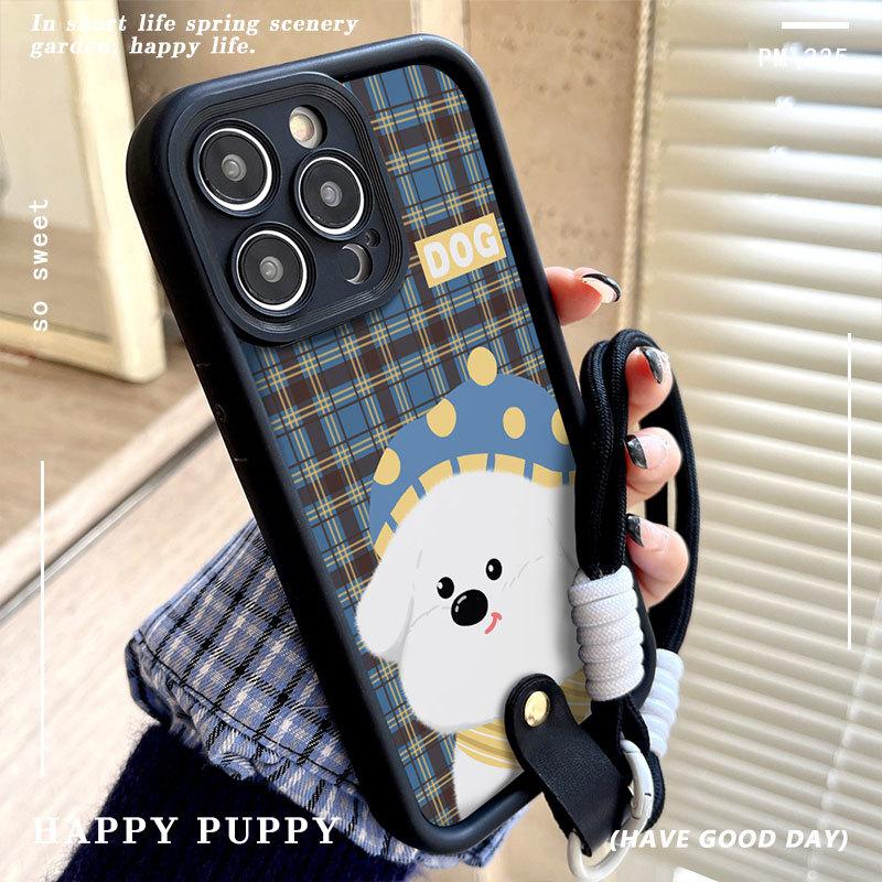 New Checked Puppy Soft Shell Suitable for Apple 16promax Mobile Phone Case Lanyard Iphone15 14 Protection Case