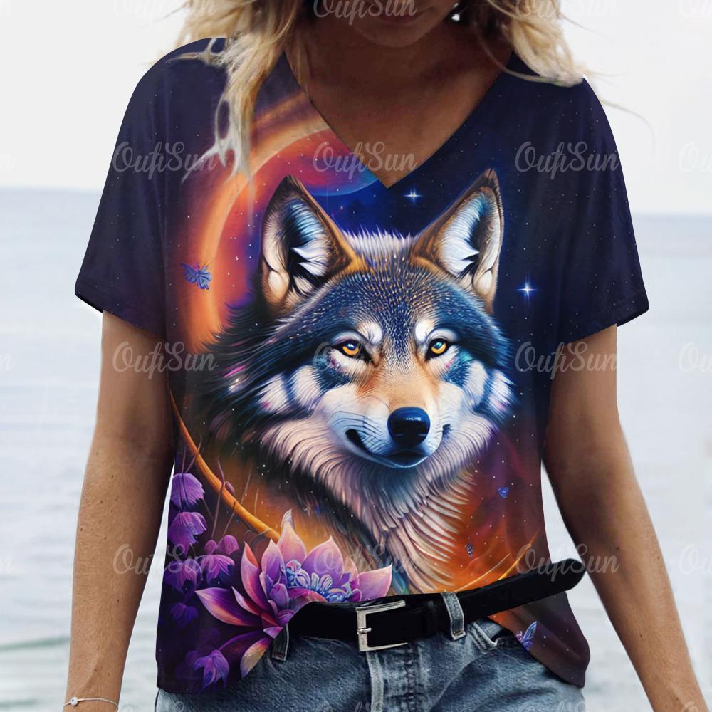 

Женская футболка с V-образным вырезом и коротким рукавом, 3D-принт с изображением волка, футболка для женщин, летние повседневные футболки 5XL