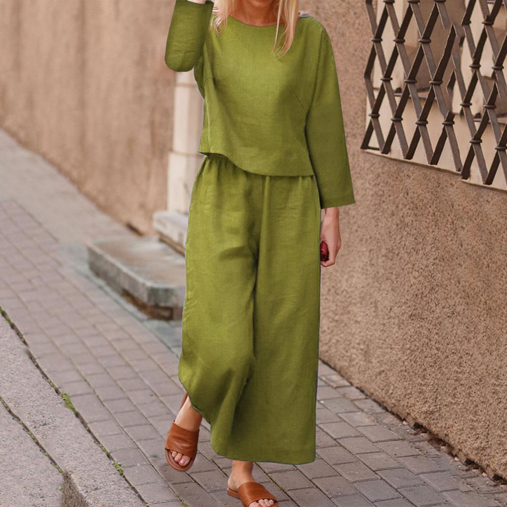 Spring Top Pants Suit Elegant Women's Top Pants Set with Long Sleeves Round Neck T-shirt Elastic Waist Trousers Stylish for Fall