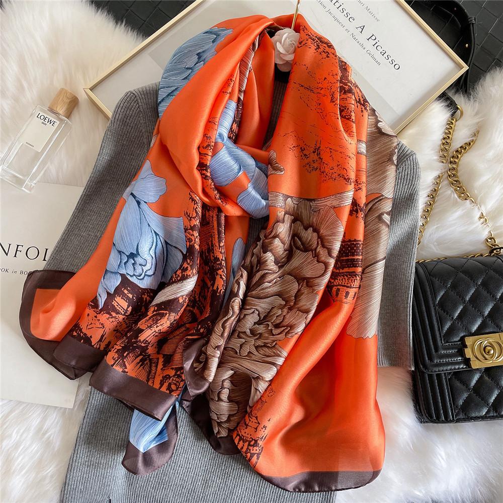 Neue Frühlings- und Sommerdrucke Vielseitiger und multifunktionaler Seidenimitatschal für Damen mit floralem Sonnenschutzschal Mittellanger Stil