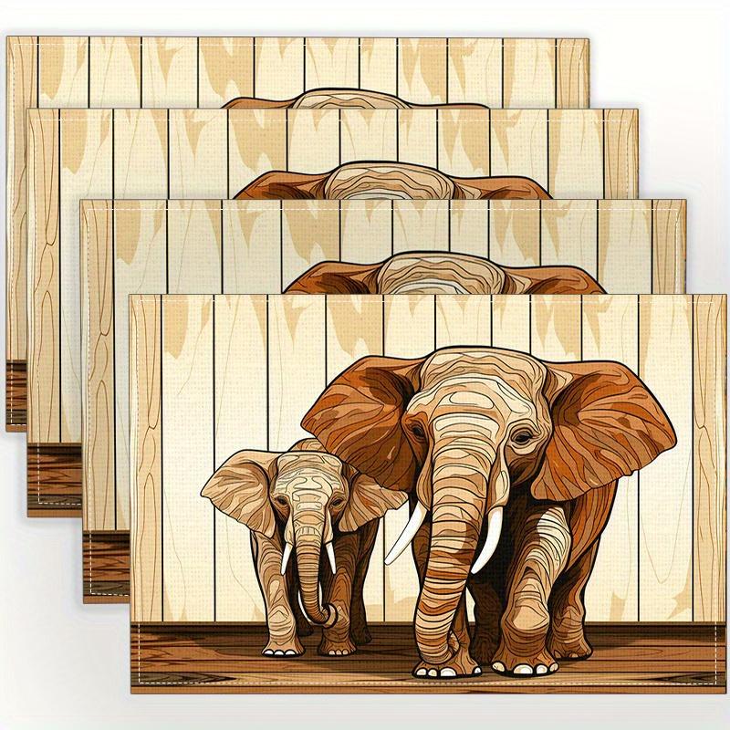 4pcs Beautiful Design Handsome Elephant Pattern Printed Table Mats Linen Table Mats Design, Insulation Table Kitchen Supplies 4PCS
