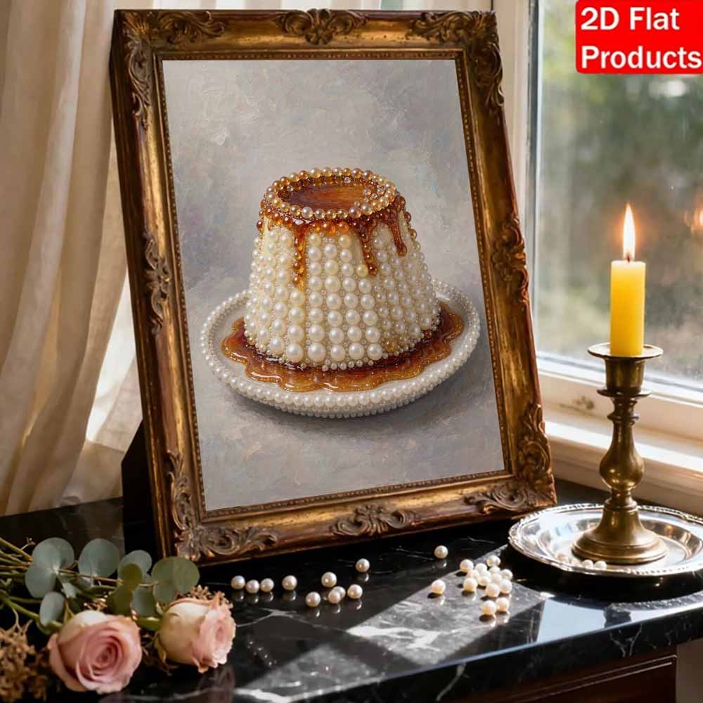 Creative Pearl Art on Stretched Frame Caramel Pudding Cake Pattern DIY Sparkling Bead Canvas Relaxing Handmade Craft Gift for Kids