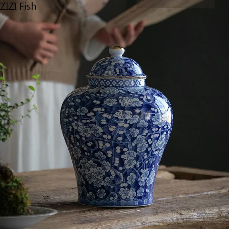 Blue and White Porcelain Storage Jar Ginger Jar Tea Canister Gold Plated Ceramic Jewelry Tank Desk Decoration Cosmetic Container