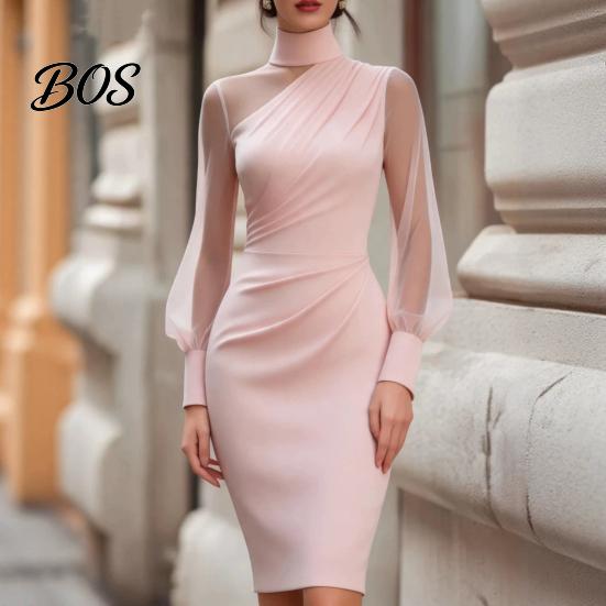 Everyday Casual Dress Women's Mesh Sheer Long Sleeve Mini Dress, Ruched Bodycon Mock Office Wear Women Neck Party Cocktail Formal Wedding Guest
