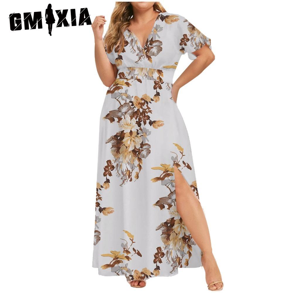 GMXIA L-5XL Women's Fashion Summer Spring Short Sleeve V-Neck Casual Dresses