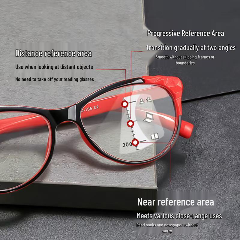 Cat-eye Progressive Multifocal Reading Glasses with Spring Temples, HD, Anti-Blue Light, for Near & Distance Vision.