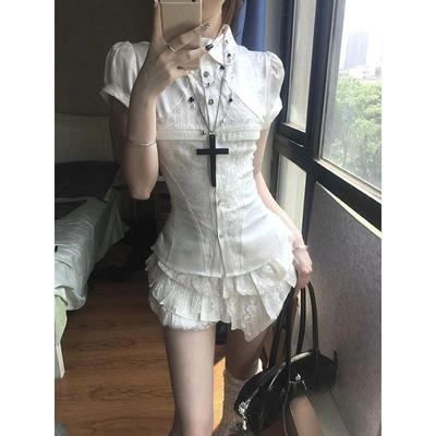 Y2k Vintage Satin Lace Slim 2 Piece Set Women Chic Short Sleeve Shirt Chic Puffy Low Rise Bud Culottes Aesthetic Grunge Sexy Outfit