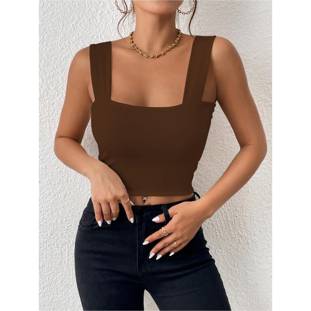 Tanktop met vierkante hals, brede schouderbanden, crop tops, dames, zomer, camis, effen kleur, hemdje, mode, buis, vrouwelijk, mouwloos, cropped vest, Y2K-kleding