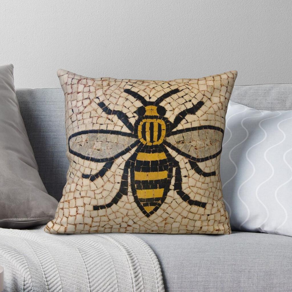 Manchester Worker Bee Square Pillowcase Polyester Linen Velvet Printed Zip Decorative Bed Cushion Cover