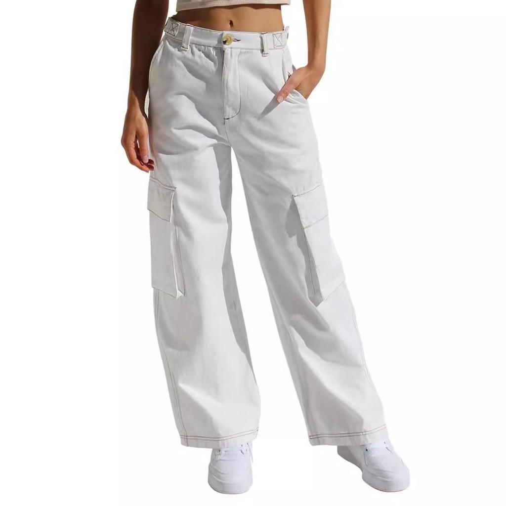 Damen Low Rise Cargo Jeans Gerade Beine Mehrere Taschen Denim Hosen Gewaschen Nicht Elastisch Lässige Lange Hosen