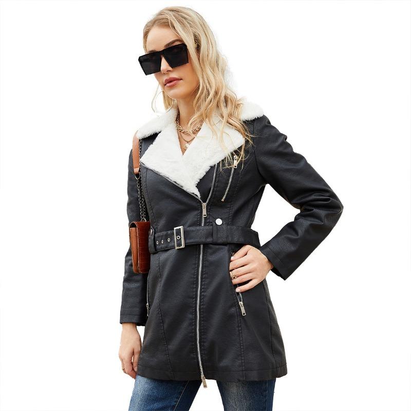 Autumn and winter new long-sleeved velvet leather jacket women's lapel double-ended zipper belt belt warm jacket