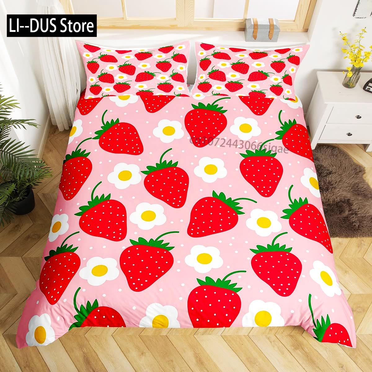 

Sweet Fruits Duvet Cover, Cherry Strawberry Bedding Set for Girls Kids, Pink Summer Comforter Cover with 2 Pillowcases 3 Pieces 135x200cm