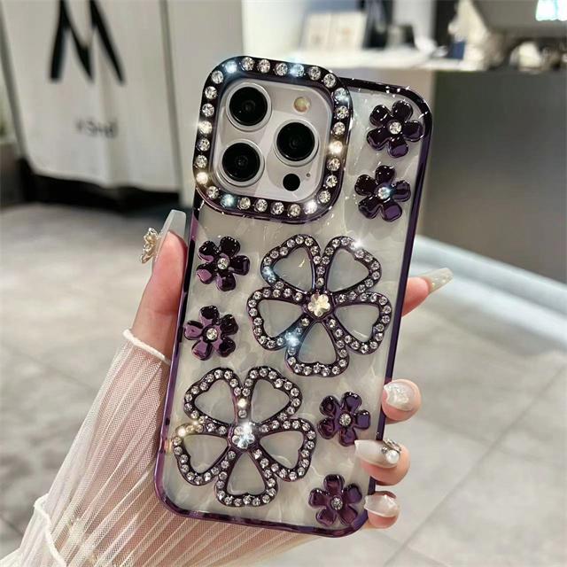 For iPhone 15 Pro Max Luxury Flowers Flash Diamond Plating Frame Phone Case For iPhone 11 12 13 14 16 Plus Soft Rhinestone Cover