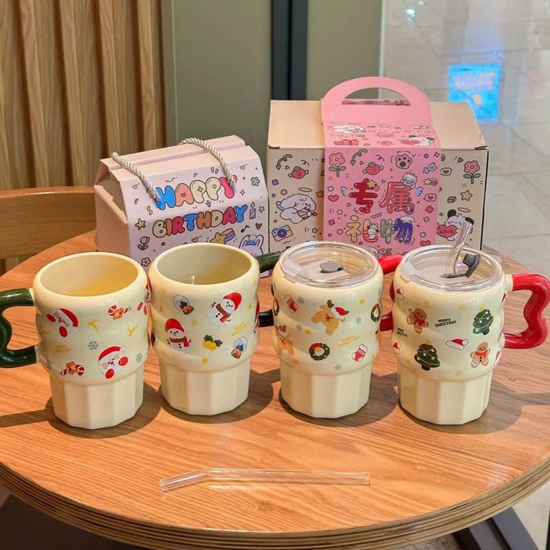 Cute Christmas Ceramic Mug with Lid for Girl's Birthday Gift High-value Straw Mug Souvenir