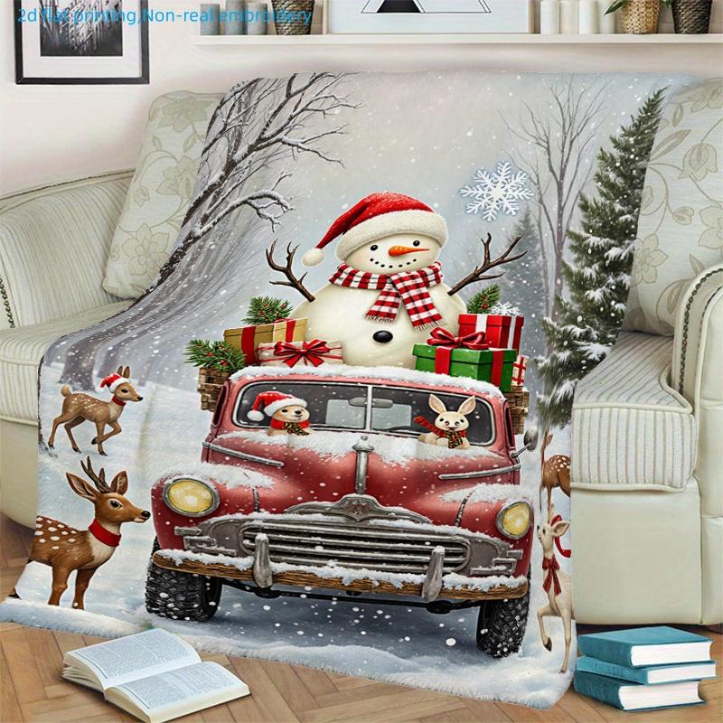 1pc Christmas Holiday Snowman And Santa Truck Printed Blanket, Rich Festive Atmosphere, Multi-Size Available, Suitable for Living Room, Bedroom, Study