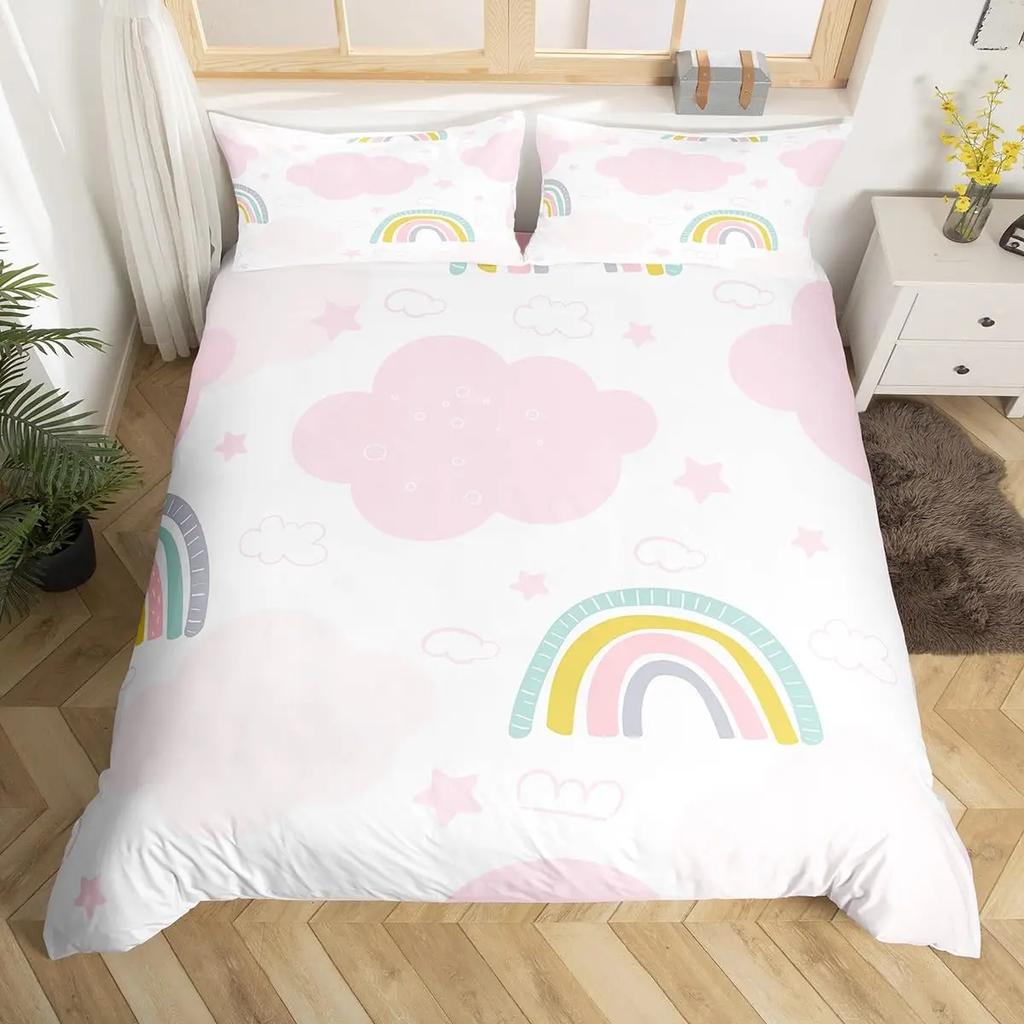 Cartoon Rainbow Sun Bedding Set For Girls Kids Bedroom Decor Comforter Cover Kawaii Art Duvet Cover Polyester Comforter Cover