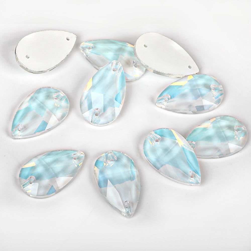 Water Drop Shaped Fluorescent Mocha Protein Glass Flat Buckle Hand Seam Drill, Double Hole Water Diamond Flat Bottom Drill Diy Material Package