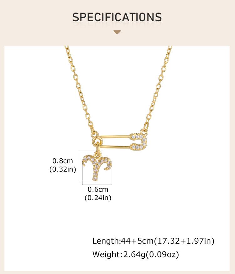 Zodiac Necklace Gold Plated Stainless Steel Chain Safety Pin 12 Constellation Horoscope Pave CZ Pendant Waterproof