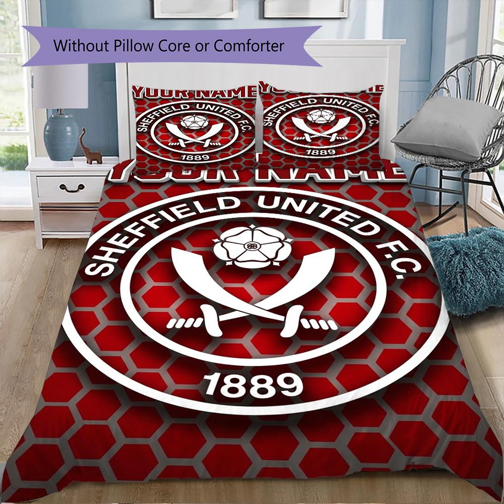 Benutzerdefinierter Name Sheffield United FC Muster Bettwäsche Steppdecke Set Steppdecke Bezug Kissenbezug Heimdekoration Geburtstagsgeschenk (1*Bettbezug+2*Kissenbezug ohne Füllung)