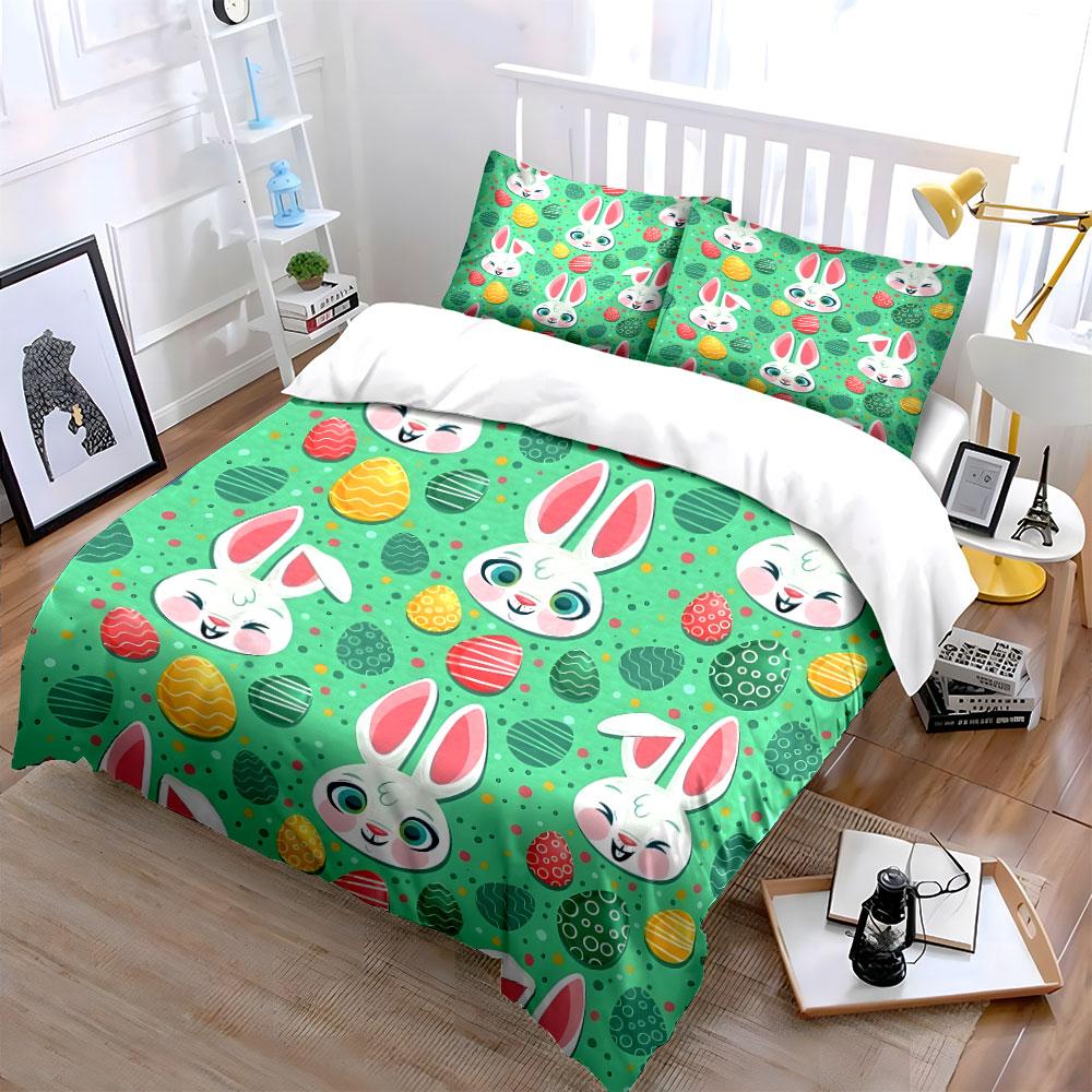Easter Bunny and Egg Pattern Exquisite Three-piece Bedding Set Gift for Kids and Adults