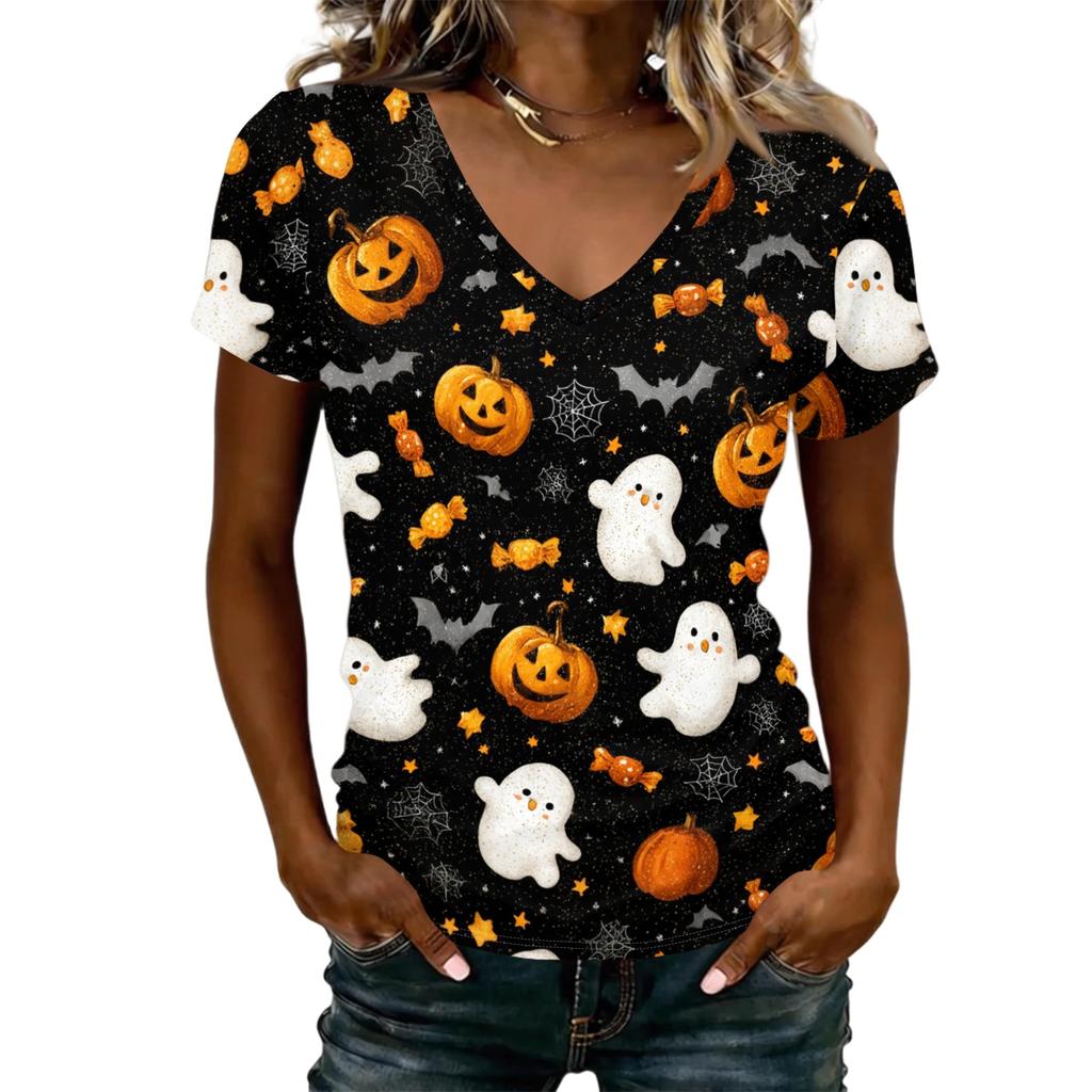 Women's V-Neck Halloween Print Lightweight Blouse for Spring and Summer