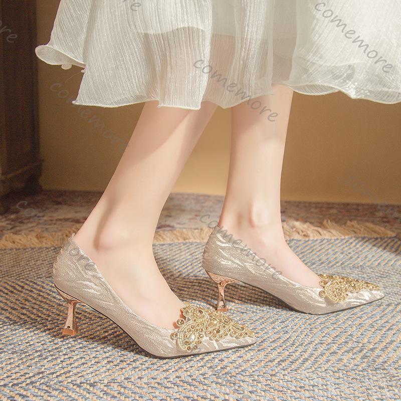 Fashion Comemore High Heel Women's Shoes Temperament Spring Autumn Crystal Silver Champagne Pointed Toe Pumps for Women Party Dress Shoe