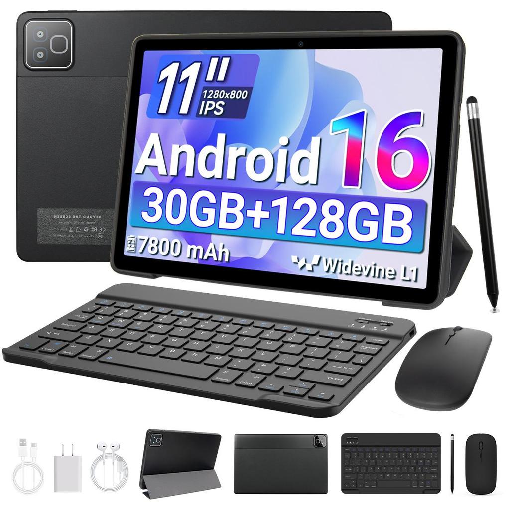 Tablet Android 16, 11 palců, 30 GB RAM + 128 GB ROM, WiFi 6, Bluetooth 5.3, Duální fotoaparát
