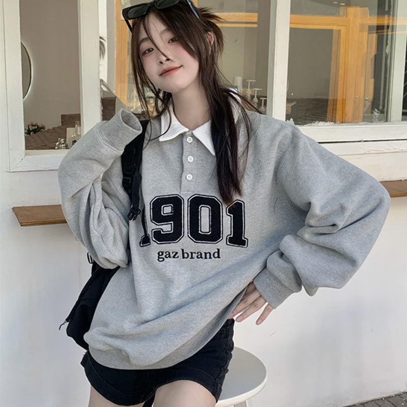 Japanese Harajuku Thin Lapel Sweatshirt: Women's Loose Korean-style Polo Collar Top