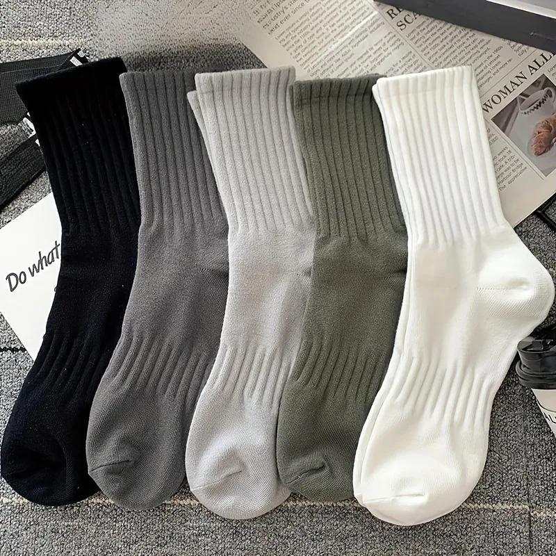 

5 пар мужских носков с высокой резинкой на талии, спортивные носки средней длины, однотонные, весна/лето, баскетбольные носки, четыре сезона One Size