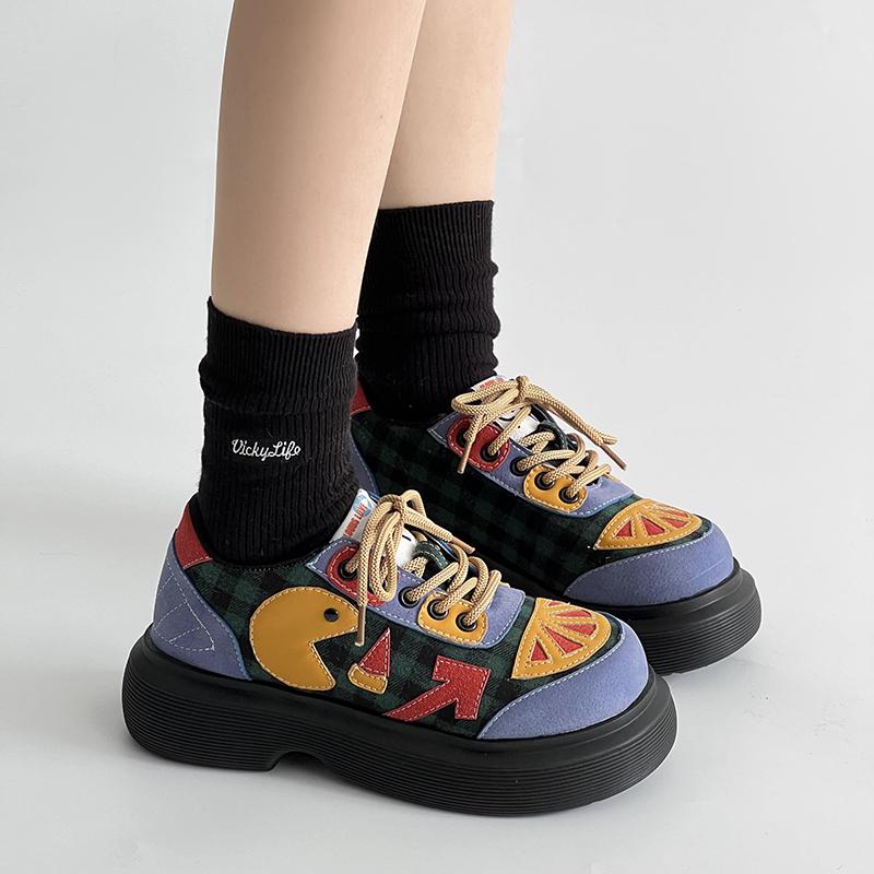 Fashion Women Mixed Color Chunky Heel Ankle Boots Fashion Ladies Walking Sneakers Colorful Expression Patches Soft-soled Platform Shoes