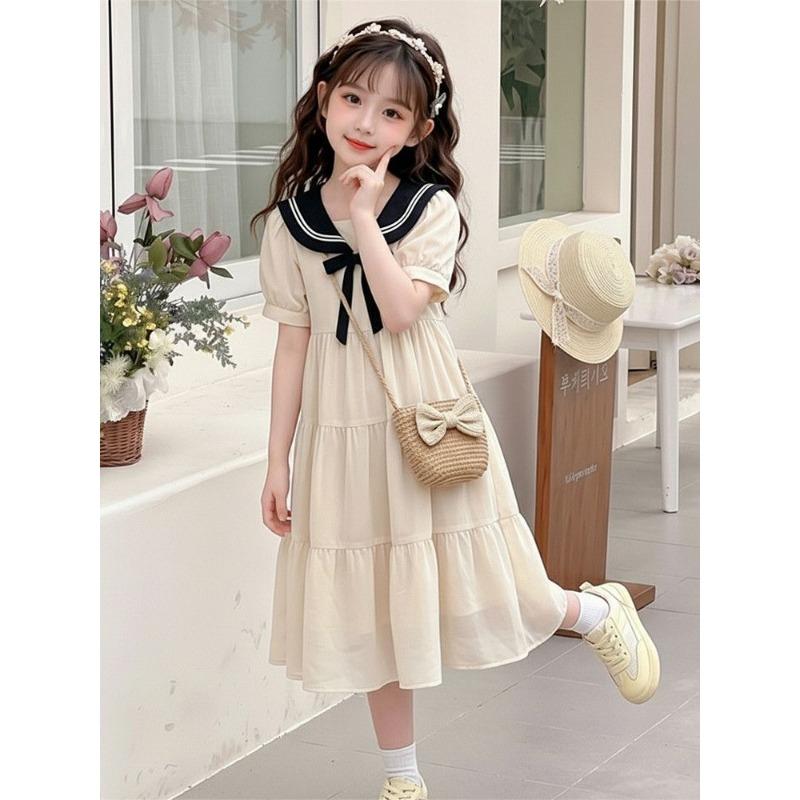 Sweet Peach-colored Dress for Girls - Summer Children's School-style Princess Dress